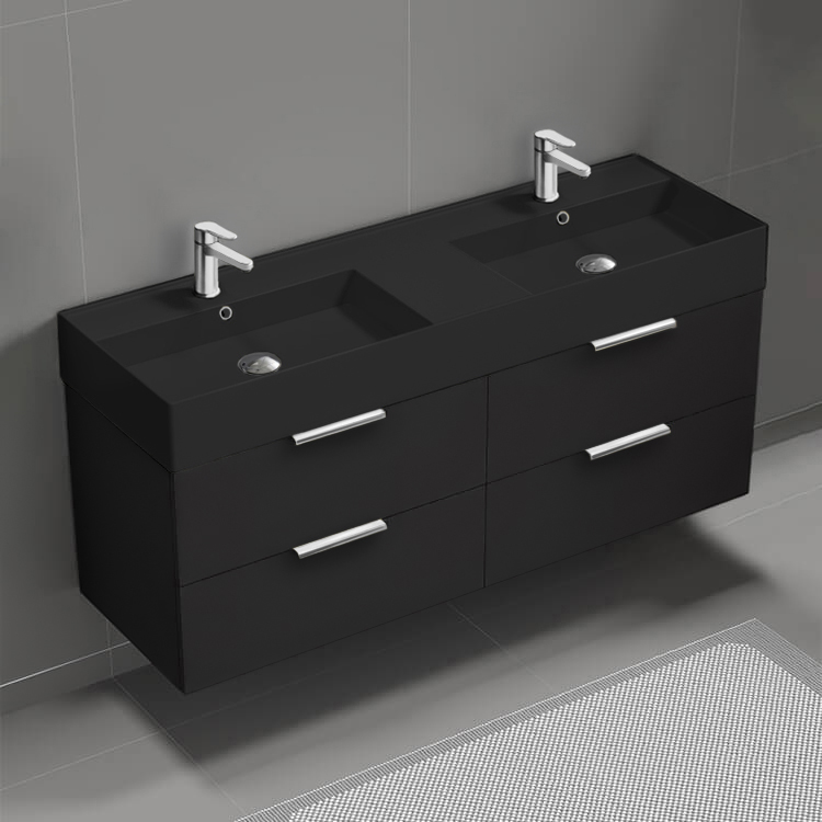 Bathroom Vanity Double Floating Black Bathroom Vanity, Modern, 56 Inch, Chrome Handles Nameeks DERIN261